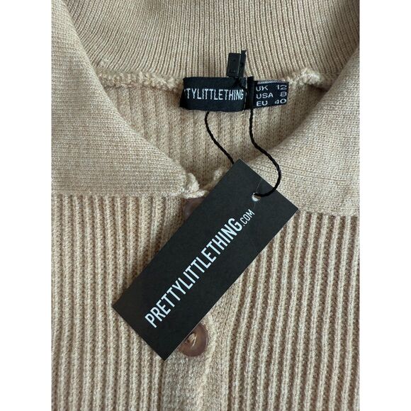 Pretty Little Thing Petite Oatmeal Knitted Rib Cropped Cardigan Women's 8 - NWT - Picture 3 of 11